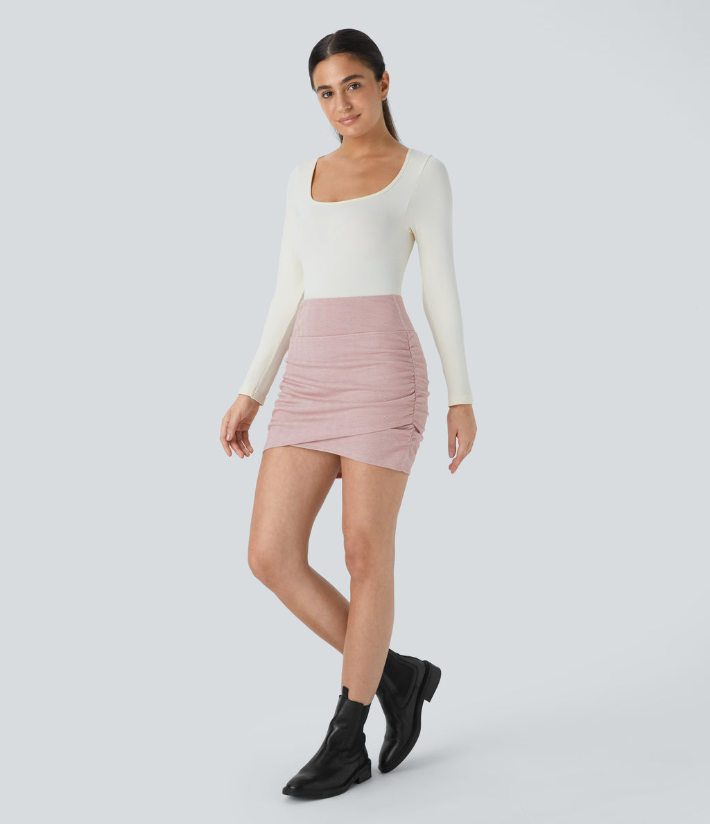 High Waisted Back Pocket Bodycon Ruched 2-in-1 Herringbone Mini Casual Skirt — Bean Paste Leaf Texture — view 7