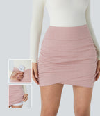 High Waisted Back Pocket Bodycon Ruched 2-in-1 Herringbone Mini Casual Skirt — Bean Paste Leaf Texture — view 1