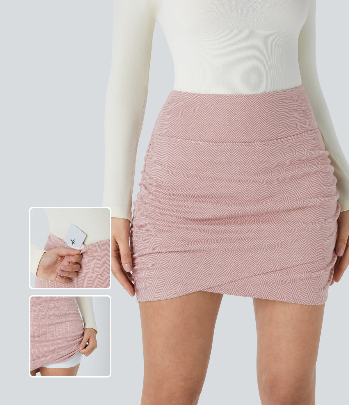 High Waisted Back Pocket Bodycon Ruched 2-in-1 Herringbone Mini Casual Skirt — Bean Paste Leaf Texture — view 1