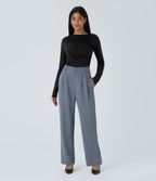 Long Sleeve Asymmetric Ruched Work Top — Black — view 8