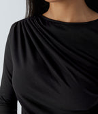 Long Sleeve Asymmetric Ruched Work Top — Black — view 5