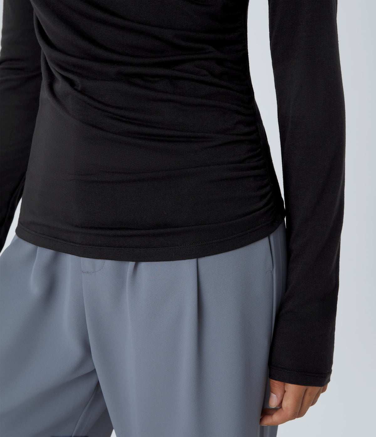 Long Sleeve Asymmetric Ruched Work Top — Black — view 6