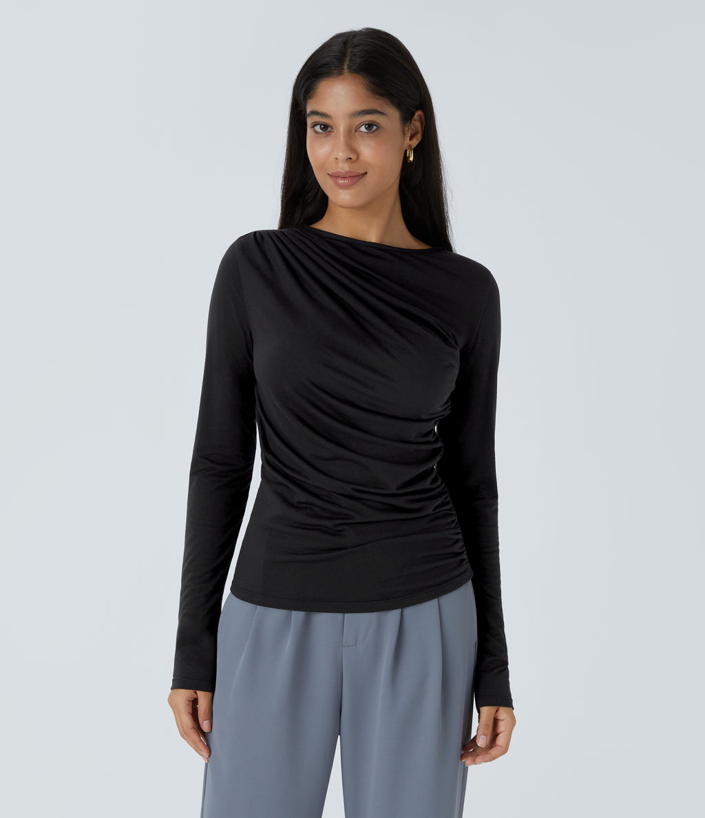 Long Sleeve Asymmetric Ruched Work Top — Black — view 7