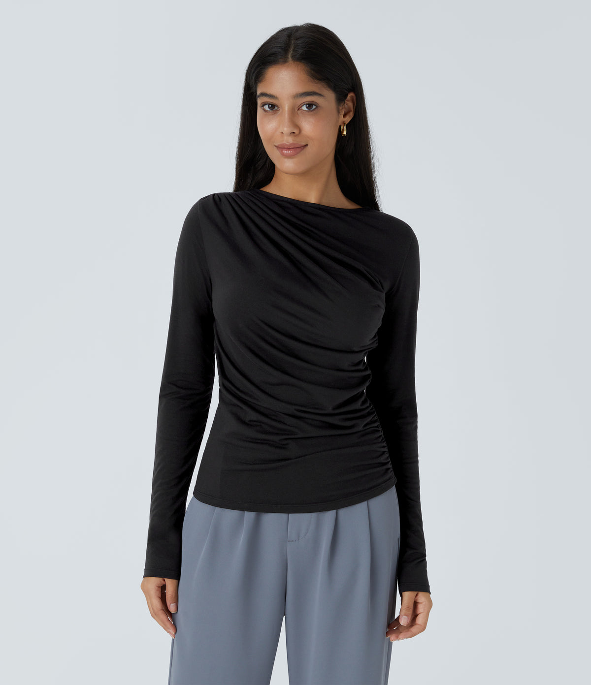 Long Sleeve Asymmetric Ruched Work Top — Black — view 7
