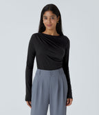 Long Sleeve Asymmetric Ruched Work Top — Black — view 1