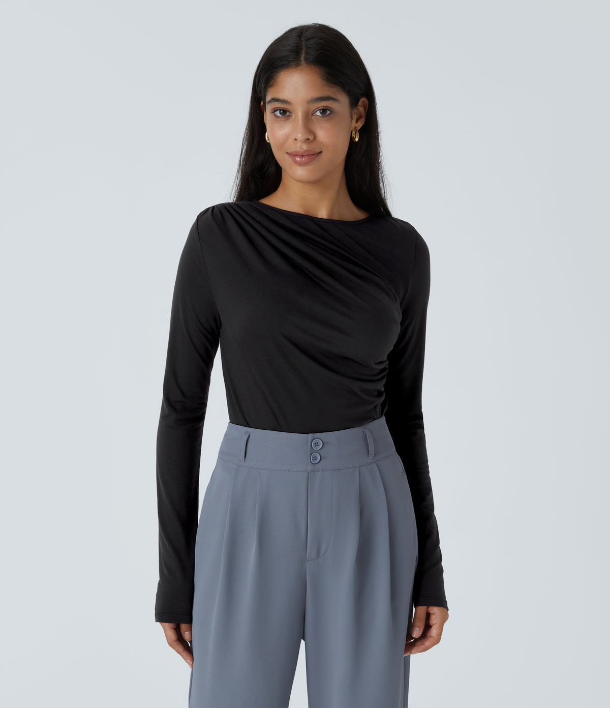 Long Sleeve Asymmetric Ruched Work Top — Black — view 1