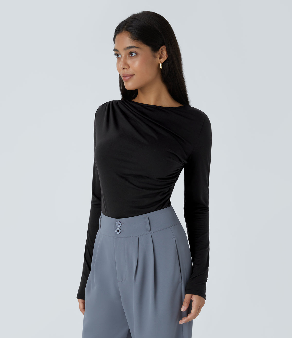Long Sleeve Asymmetric Ruched Work Top — Black — view 3