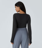Long Sleeve Asymmetric Ruched Work Top — Black — view 2