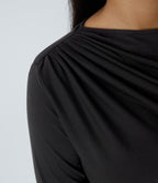 Long Sleeve Asymmetric Ruched Work Top — Black — view 4