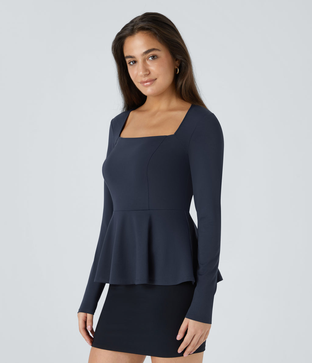 Square Neck Long Sleeve Ruffle Hem Work Top — Dark Sapphire — view 3