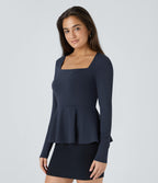 Square Neck Long Sleeve Ruffle Hem Work Top — Dark Sapphire — view 3