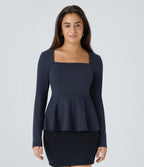 Square Neck Long Sleeve Ruffle Hem Work Top — Dark Sapphire — view 1