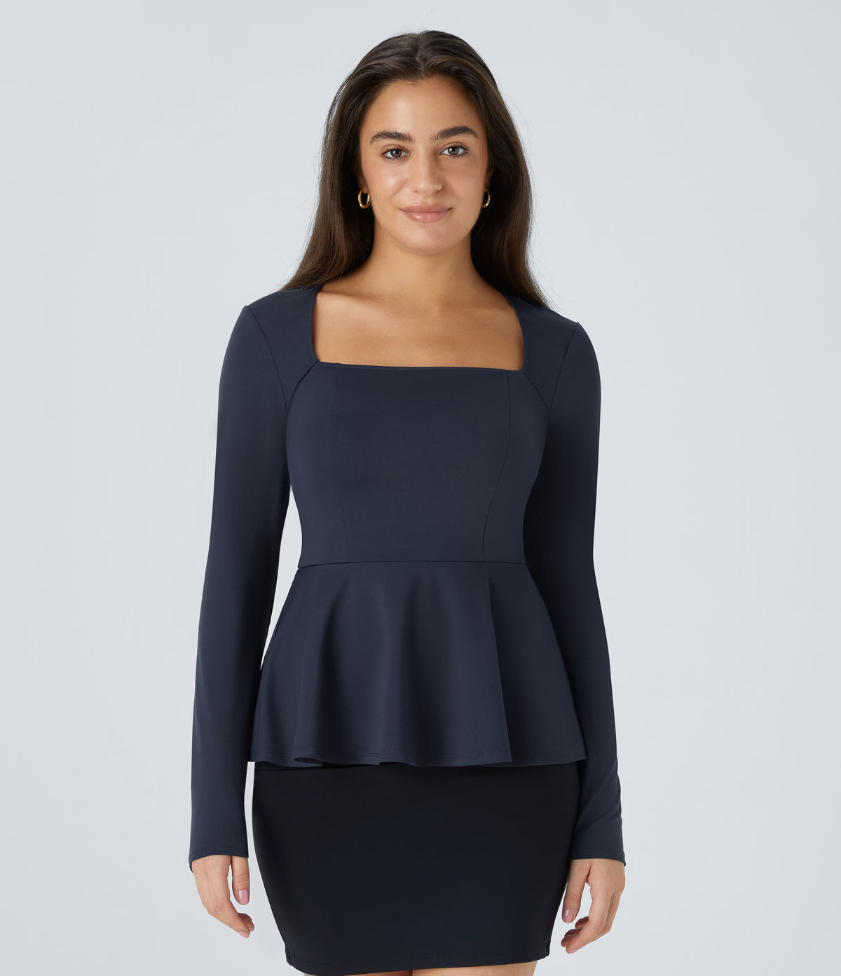 Square Neck Long Sleeve Ruffle Hem Work Top — Dark Sapphire — view 1