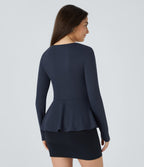 Square Neck Long Sleeve Ruffle Hem Work Top — Dark Sapphire — view 2
