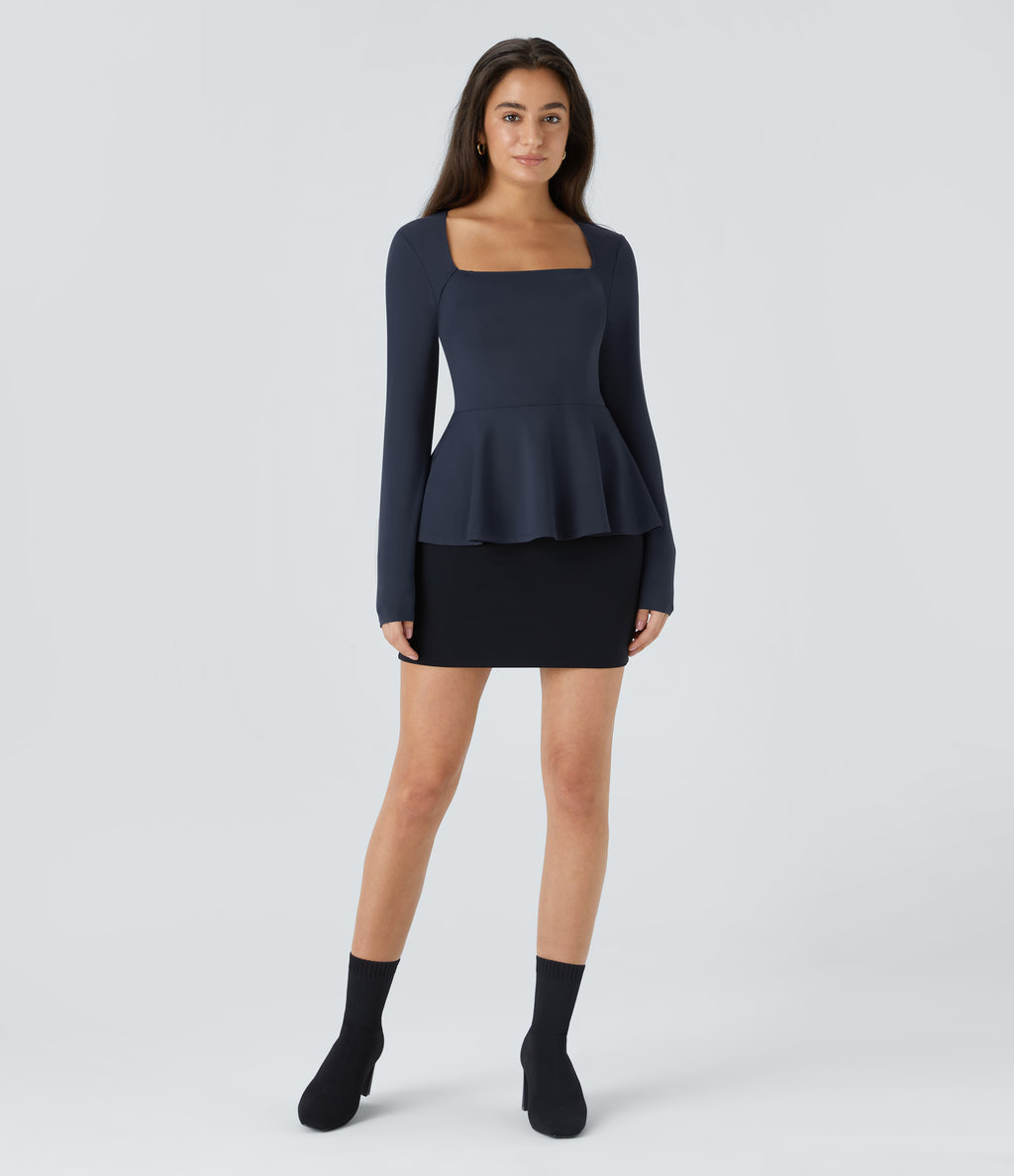 Square Neck Long Sleeve Ruffle Hem Work Top — Dark Sapphire — view 6