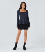 Square Neck Long Sleeve Ruffle Hem Work Top — Dark Sapphire — view 6