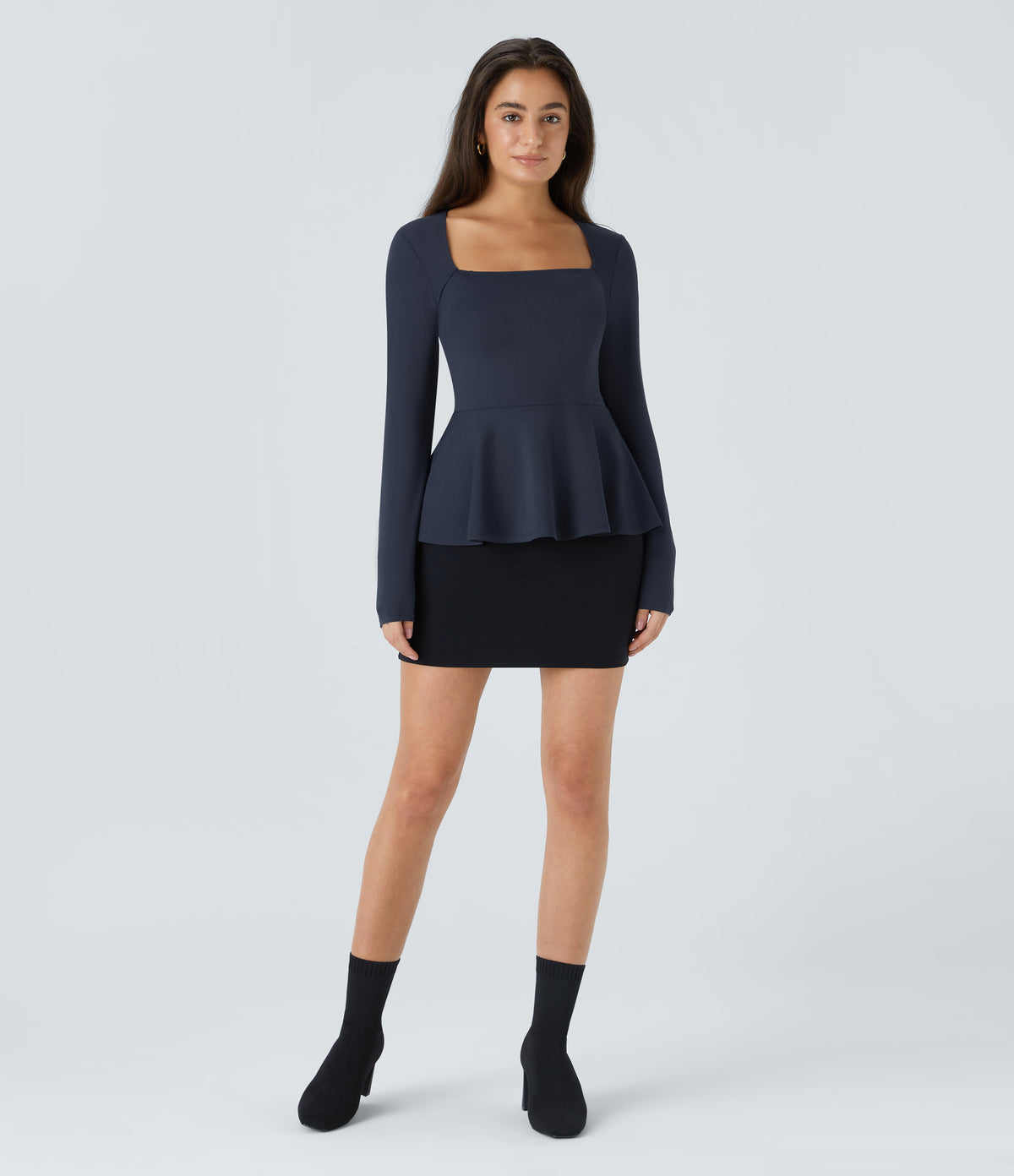 Square Neck Long Sleeve Ruffle Hem Work Top — Dark Sapphire — view 6