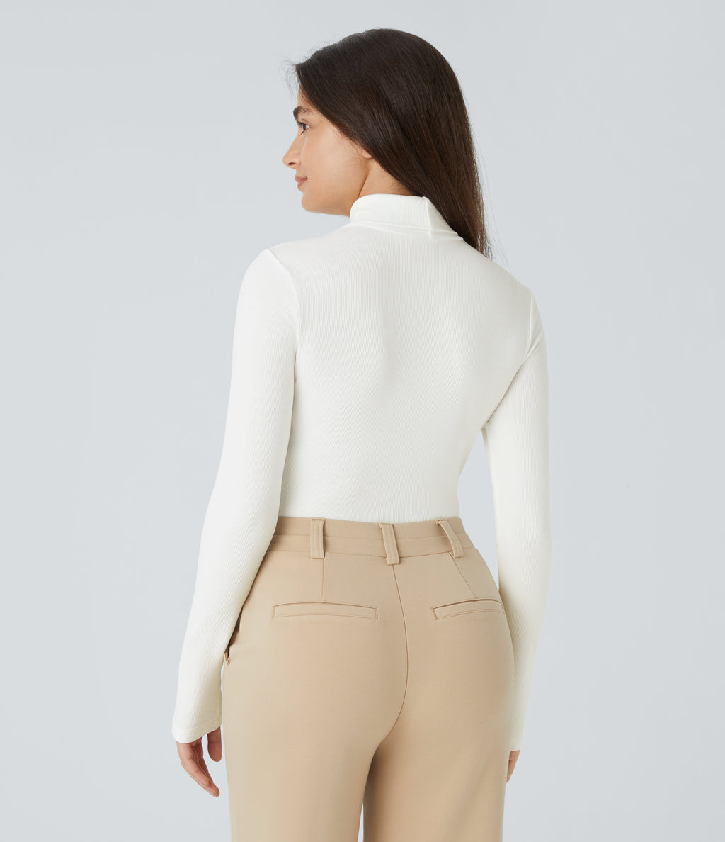 Ribbed Knit High Neck Long Sleeve Button Work Bodysuit — White — view 2