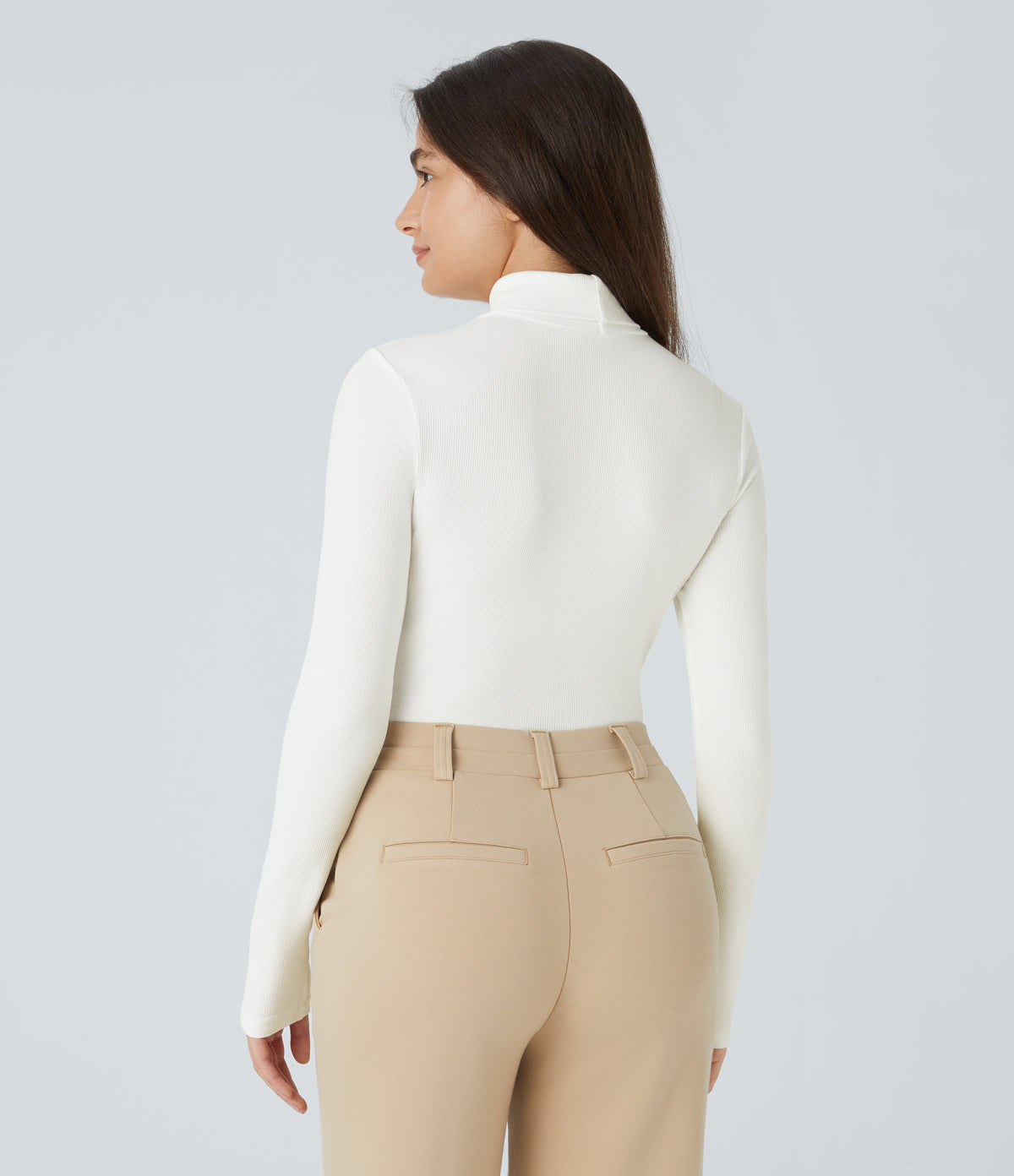 Ribbed Knit High Neck Long Sleeve Button Work Bodysuit — White — view 2