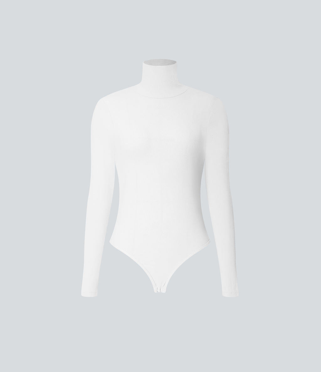 Ribbed Knit High Neck Long Sleeve Button Work Bodysuit — White — view 8