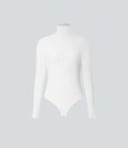 Ribbed Knit High Neck Long Sleeve Button Work Bodysuit — White — view 8