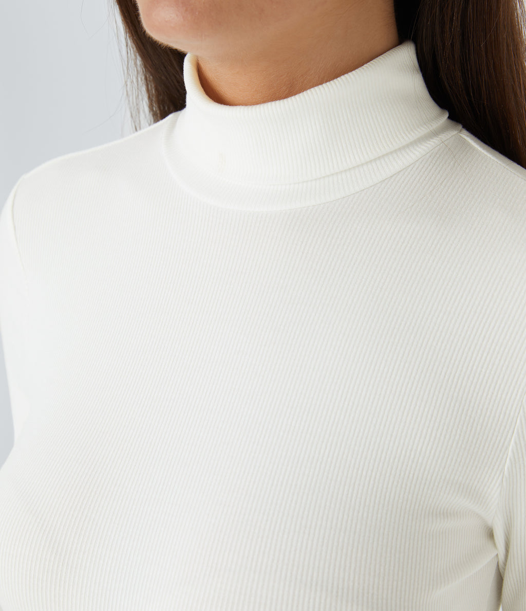 Ribbed Knit High Neck Long Sleeve Button Work Bodysuit — White — view 5