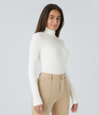 Ribbed Knit High Neck Long Sleeve Button Work Bodysuit — White — view 4