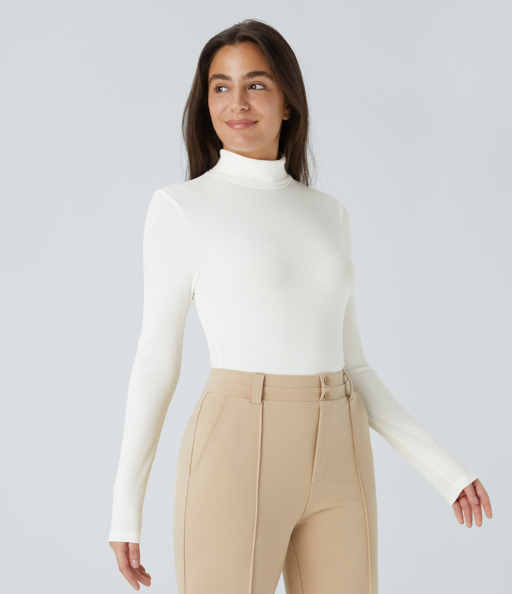 Ribbed Knit High Neck Long Sleeve Button Work Bodysuit — White — view 3