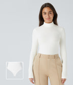 Ribbed Knit High Neck Long Sleeve Button Work Bodysuit — White — view 1