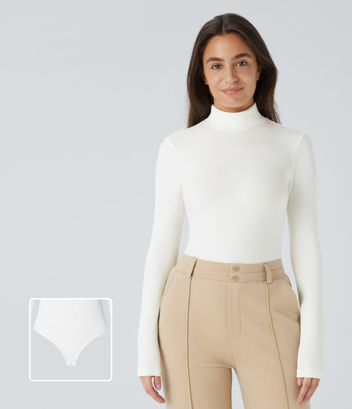 Ribbed Knit High Neck Long Sleeve Button Work Bodysuit — White — view 1