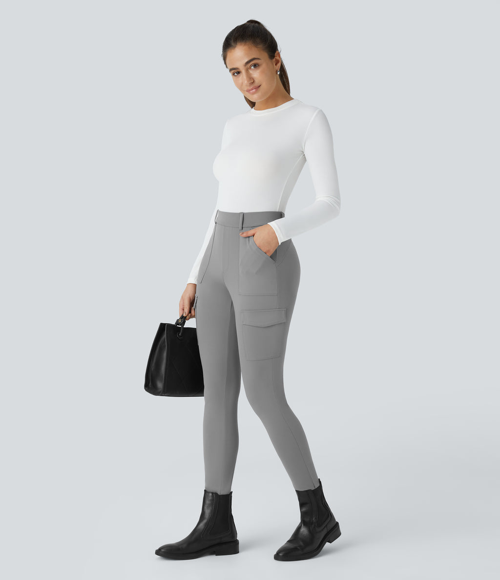 High Waisted Pockets Skinny Cargo Work Trousers — Silent Storm — view 7