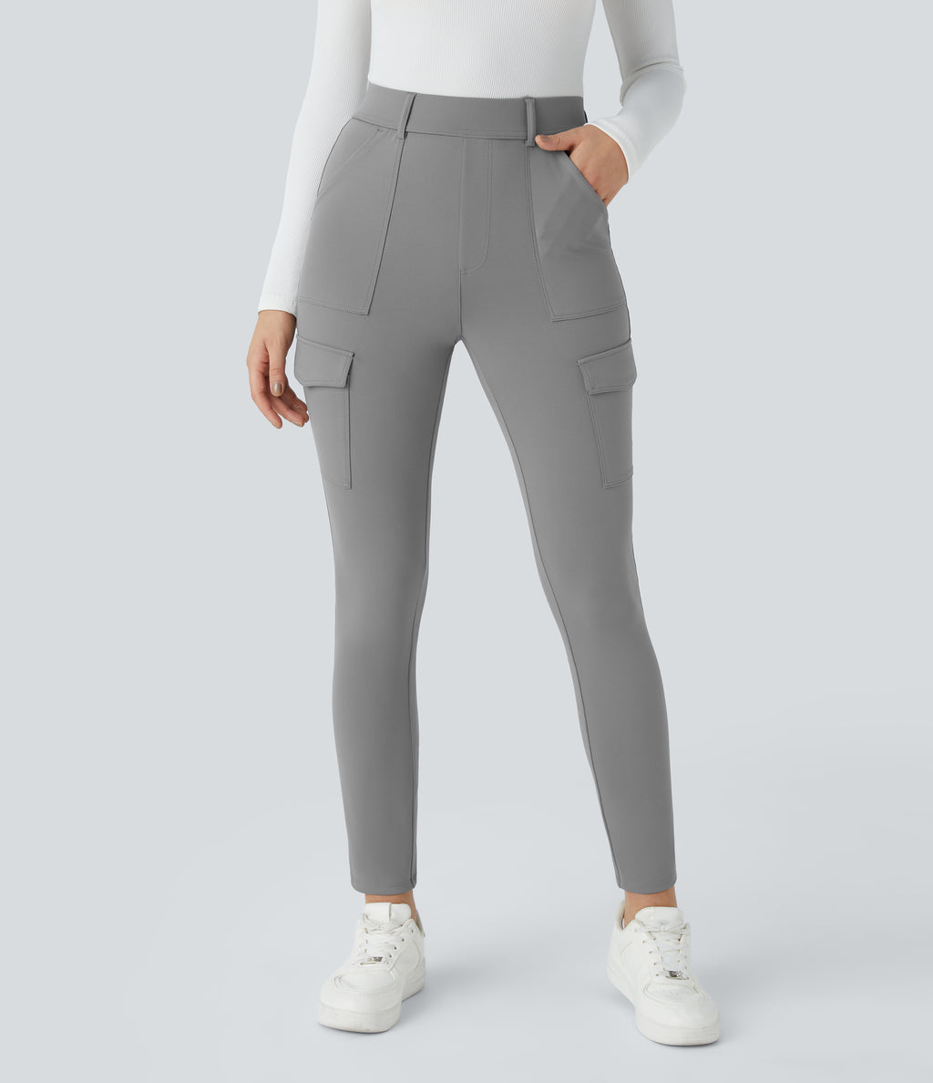 High Waisted Pockets Skinny Cargo Work Trousers — Silent Storm — view 6