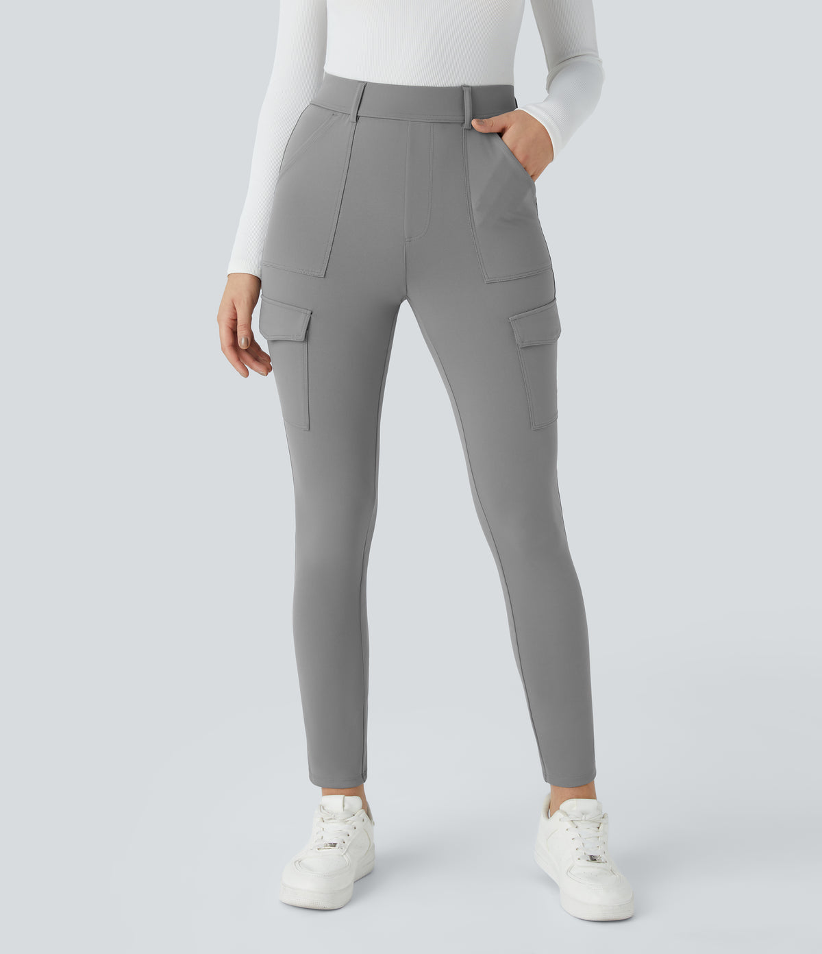 High Waisted Pockets Skinny Cargo Work Trousers — Silent Storm — view 6