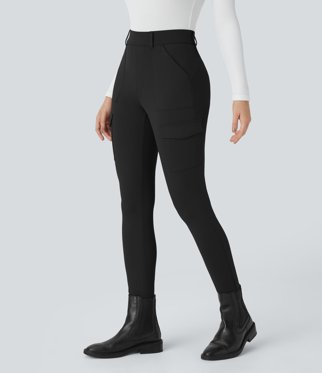 High Waisted Pockets Skinny Cargo Work Trousers — Black — view 8