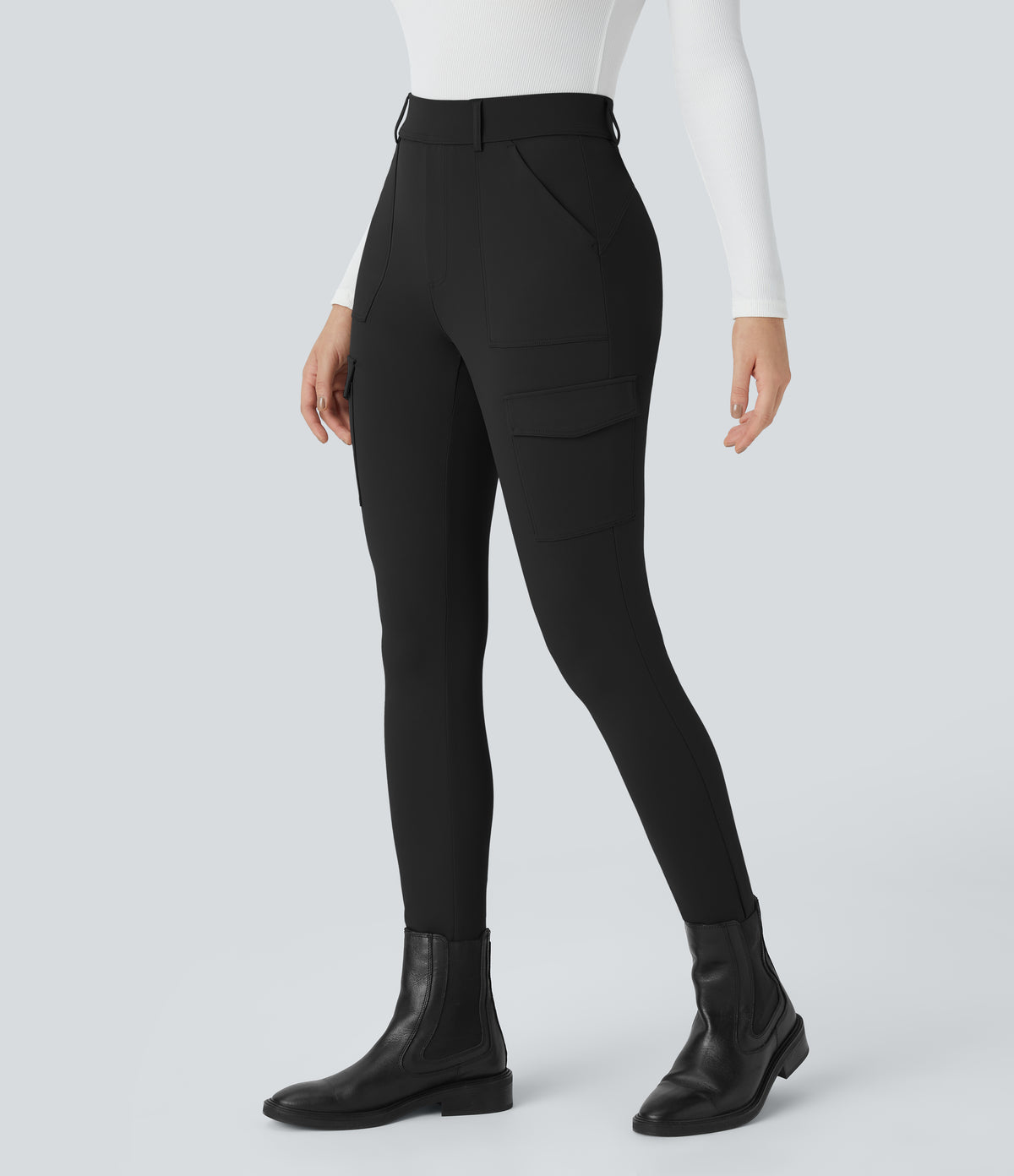 High Waisted Pockets Skinny Cargo Work Trousers — Black — view 8