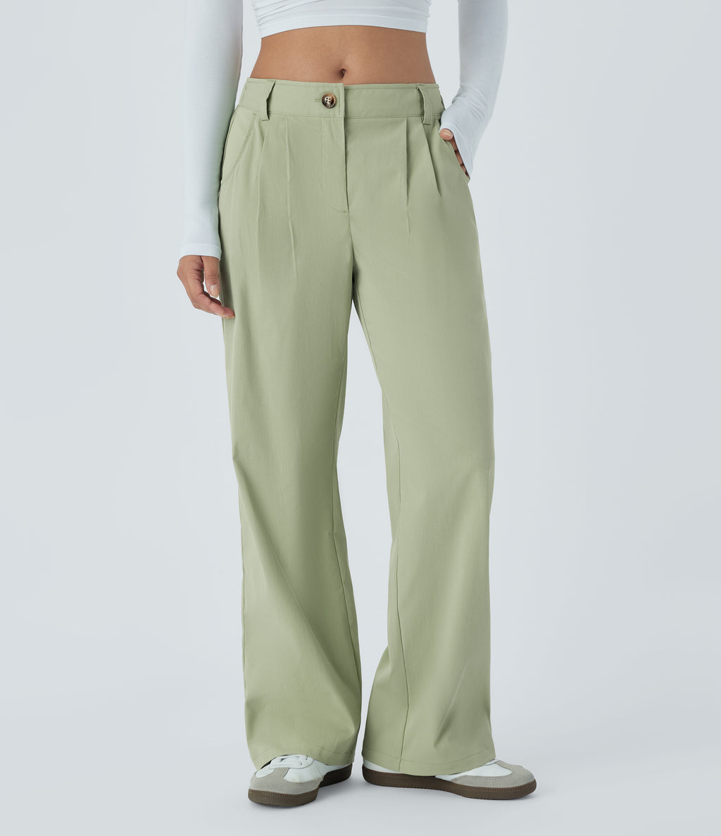 Mid Rise Button Zipper Side Pocket Straight Leg Casual Trousers — Lint — view 1