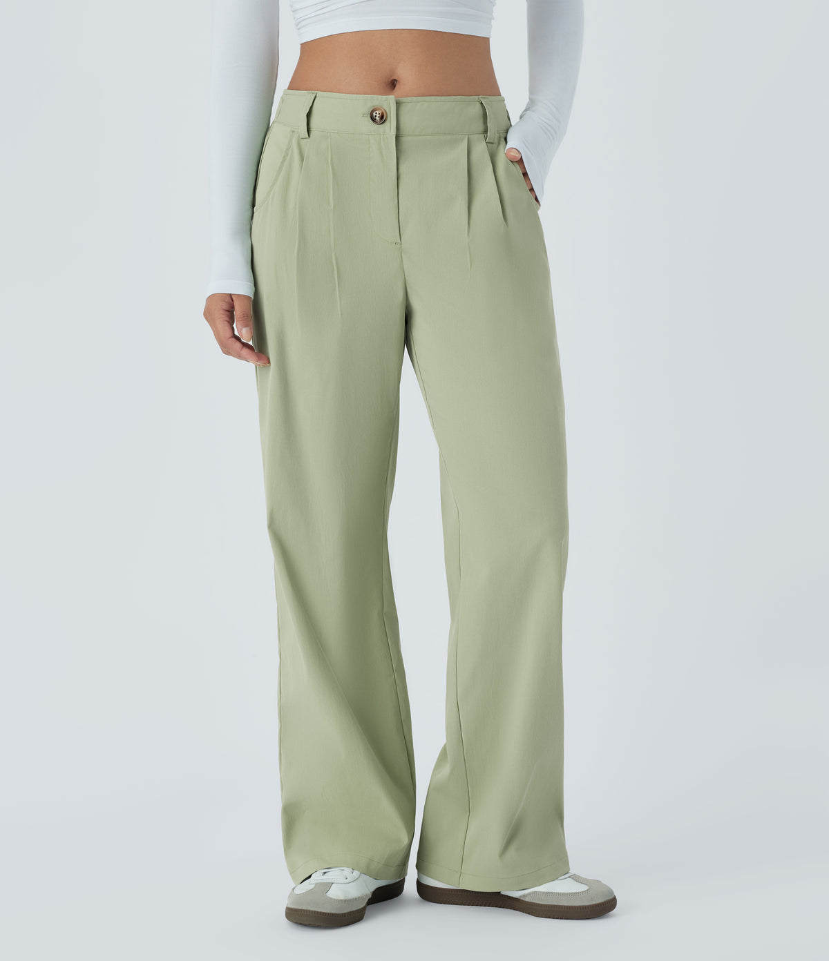 Mid Rise Button Zipper Side Pocket Straight Leg Casual Trousers — Lint — view 1