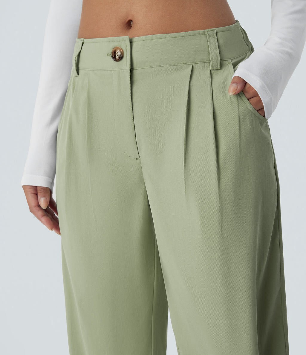Mid Rise Button Zipper Side Pocket Straight Leg Casual Trousers — Lint — view 4