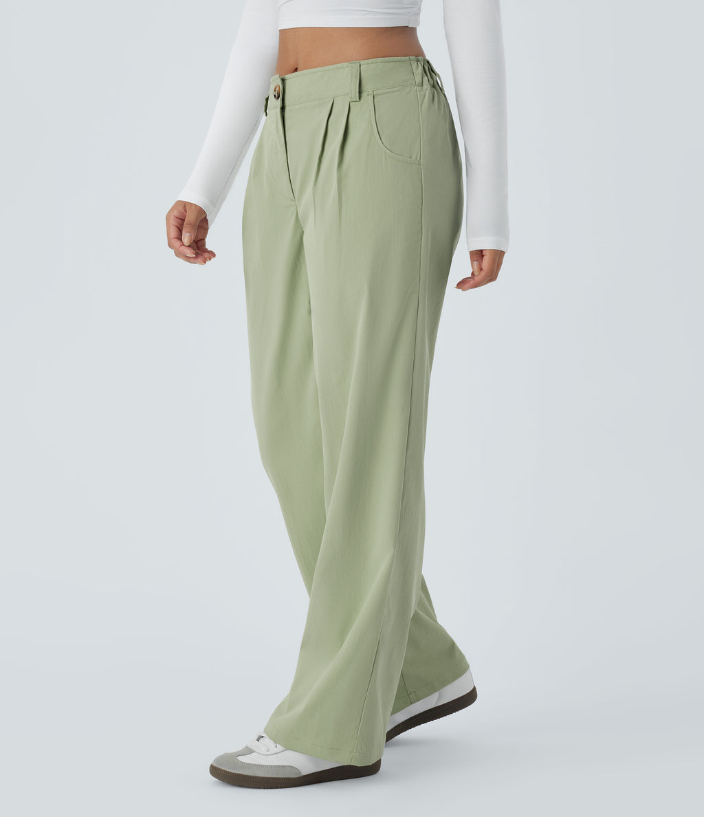 Mid Rise Button Zipper Side Pocket Straight Leg Casual Trousers — Lint — view 3