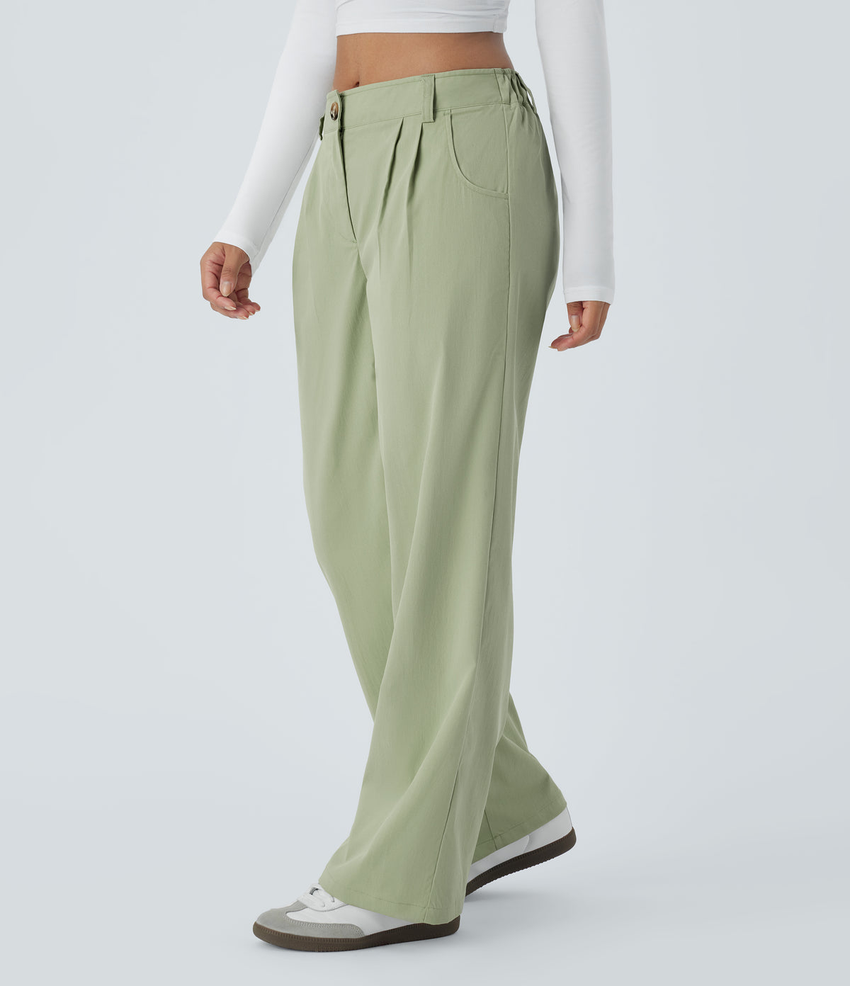 Mid Rise Button Zipper Side Pocket Straight Leg Casual Trousers — Lint — view 3