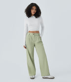 Mid Rise Button Zipper Side Pocket Straight Leg Casual Trousers — Lint — view 6
