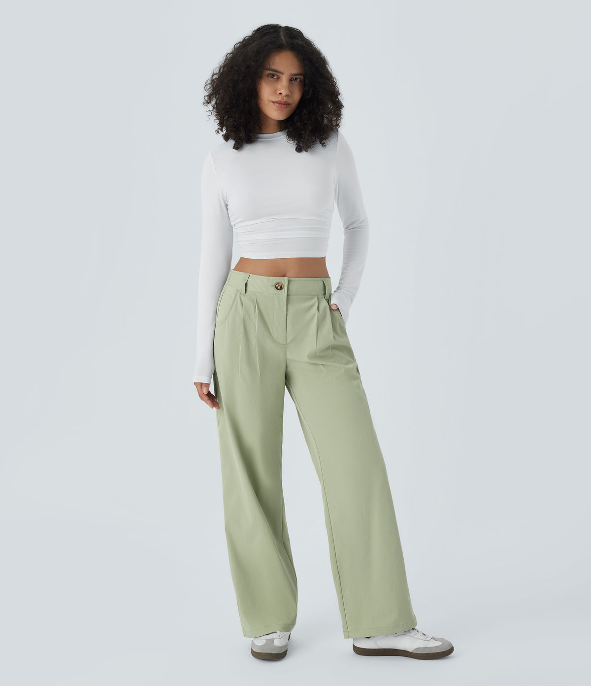 Mid Rise Button Zipper Side Pocket Straight Leg Casual Trousers — Lint — view 6