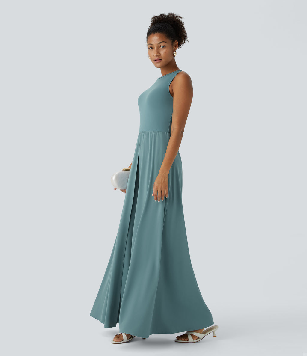 Zipper Sleeveless Pocket Contrast Quick Dry Jumpsuit — Stone Blue — view 3