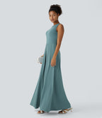 Zipper Sleeveless Pocket Contrast Quick Dry Jumpsuit — Stone Blue — view 3