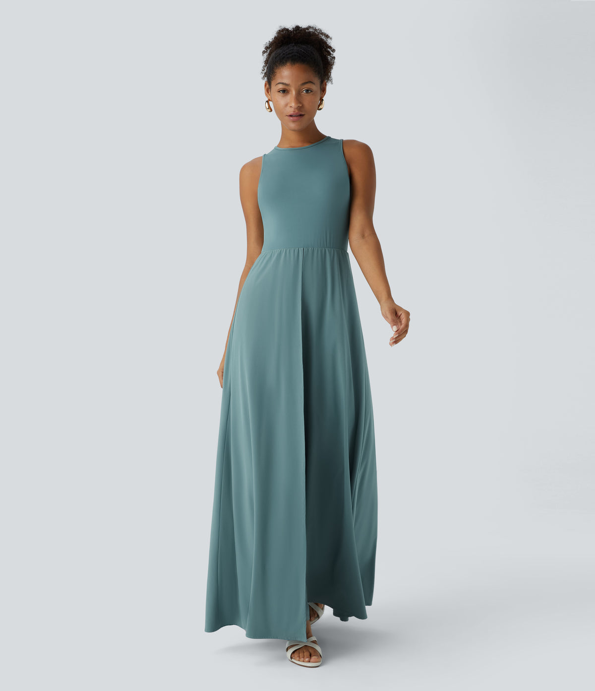 Zipper Sleeveless Pocket Contrast Quick Dry Jumpsuit — Stone Blue — view 1