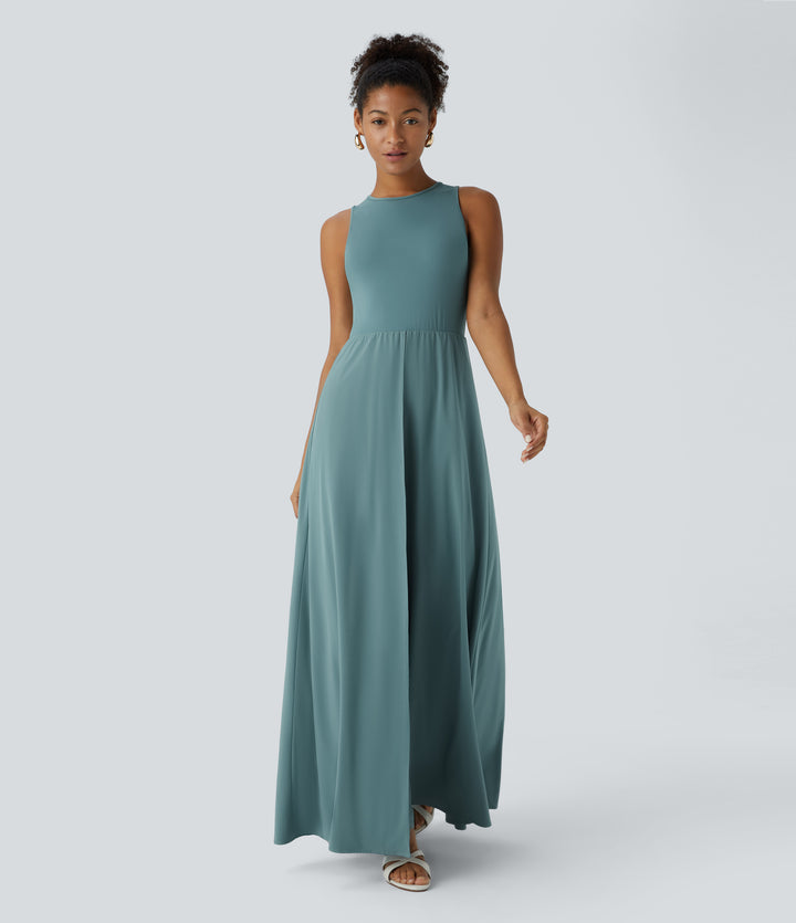 Zipper Sleeveless Pocket Contrast Quick Dry Jumpsuit — Stone Blue — view 1