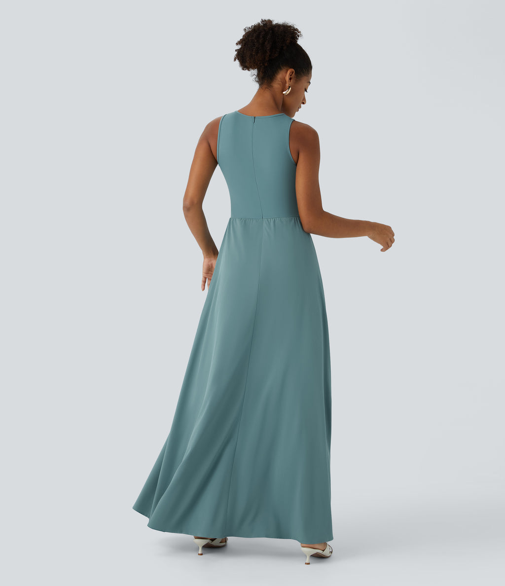Zipper Sleeveless Pocket Contrast Quick Dry Jumpsuit — Stone Blue — view 2