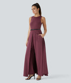 Zipper Sleeveless Pocket Contrast Quick Dry Jumpsuit — Amaranth — view 6