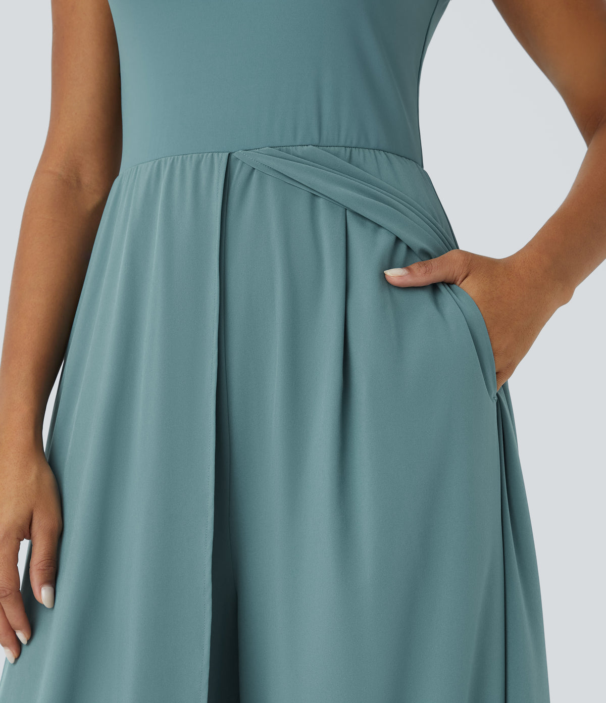 Zipper Sleeveless Pocket Contrast Quick Dry Jumpsuit — Stone Blue — view 5