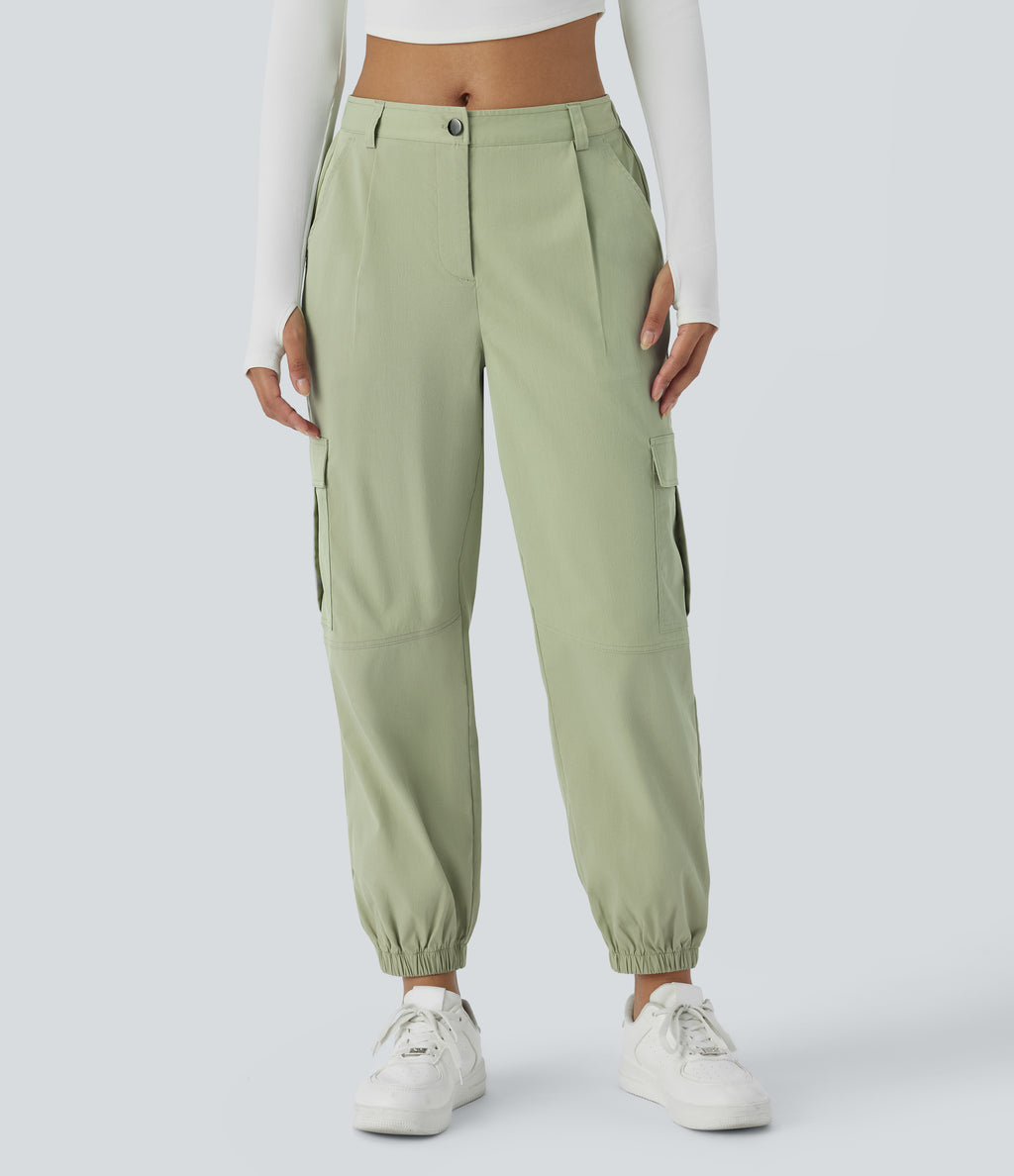 Mid Rise Button Zipper Multiple Pockets Casual Cargo Joggers — Lint — view 1
